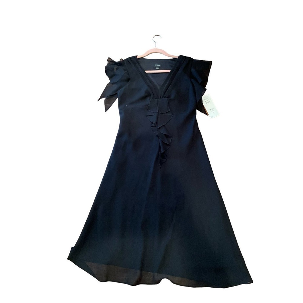MSK LBD Midi Dress Women SZ 10 Black Short‎ Sleeve Ruffle Front V-Neck Polyester
